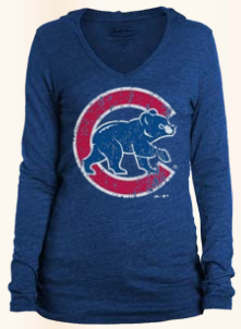 Women's Chicago Cubs Over Sized Walking Bear Logo Long Sleeve  Triblend Hoodie Tee