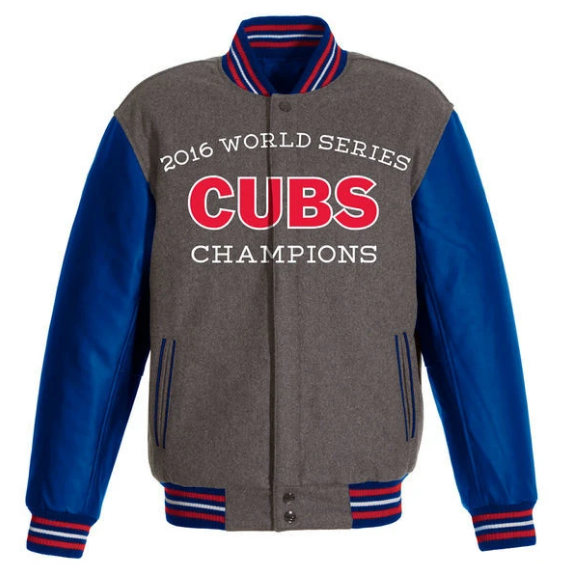 Mens Chicago Cubs JH Design Gray/Royal 2016 World Series Champions Commemorative Melton/Polyester Reversible Jacket