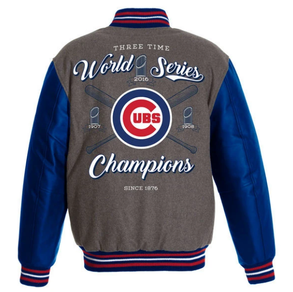 Mens Chicago Cubs JH Design Gray/Royal 2016 World Series Champions Commemorative Melton/Polyester Reversible Jacket