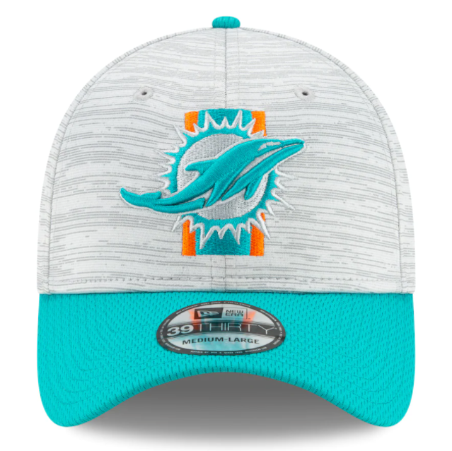 Miami Dolphins 2021 Training Camp On Field Gray/Aqua New Era 39THIRTY Flex Fit Hat - Pro Jersey Sports