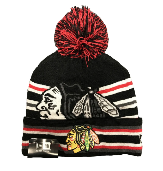 Chicago Blackhawks New Era Black Strike Through Knit Hat w/ Pom