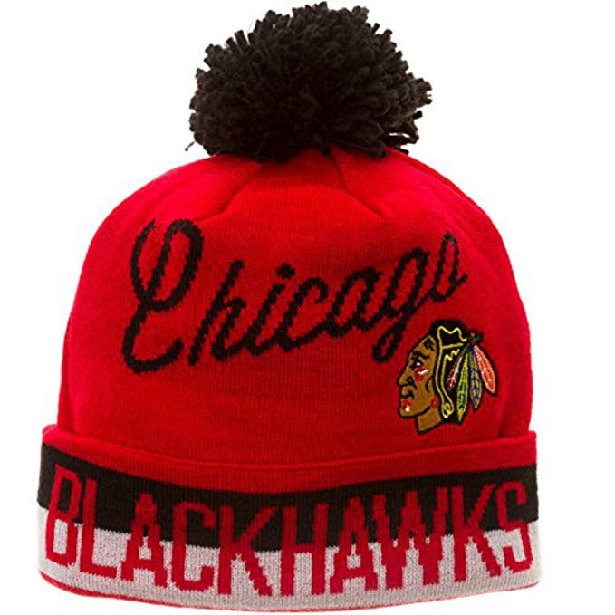 Chicago Blackhawks Multi Team Color Cuffed Knit with Pom Cursive Winter Hat