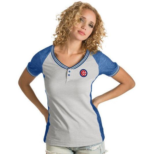 Women's Chicago Cubs Antigua Gray/Royal Quick Henley T-Shirt