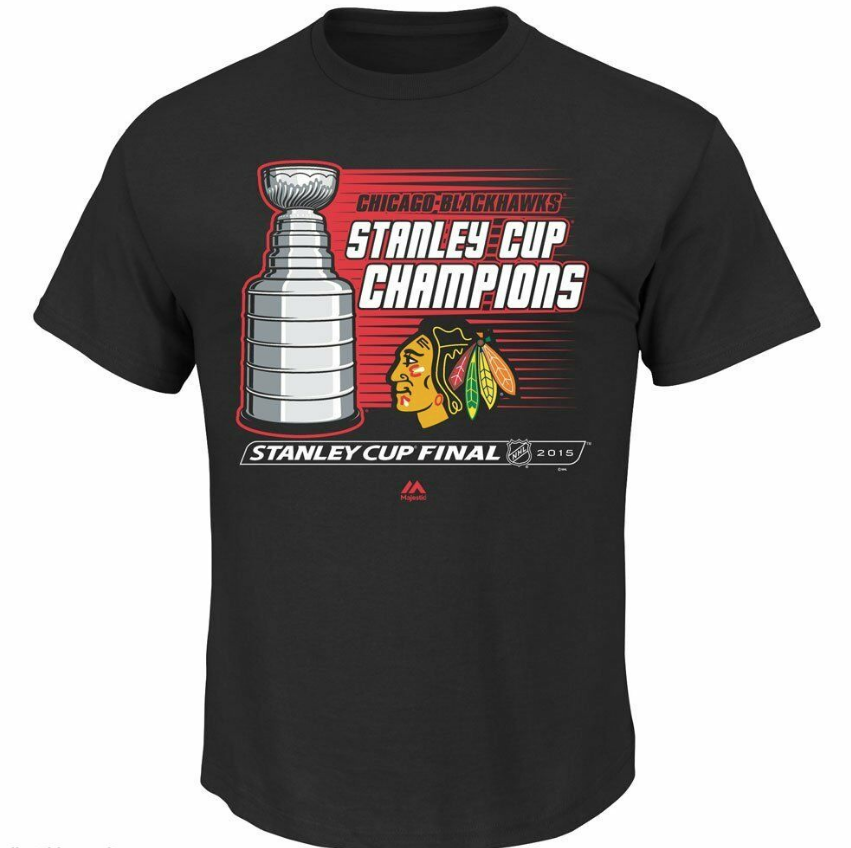 Mens Majestic Chicago Blackhawks 2015 Stanley Cup Champions Black Natural Hatty Tee