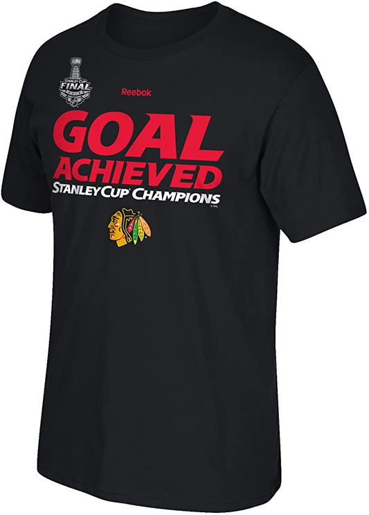 Mens Reebok Chicago Blackhawks 2015 Stanley Cup Champions Black Goal Achieved Tee