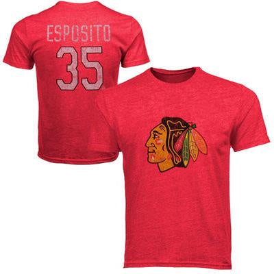 Men's Chicago Blackhawks Tony Esposito #35 Alumni Old Time Hockey S/S Distressed Player T-Shirt