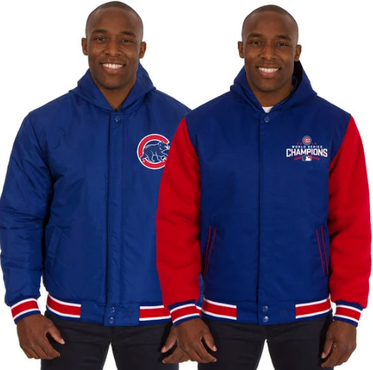 Mens Chicago Cubs JH Design Royal/Red 2016 World Series Champions Polytwill Fleece Reversible Hooded Jacket