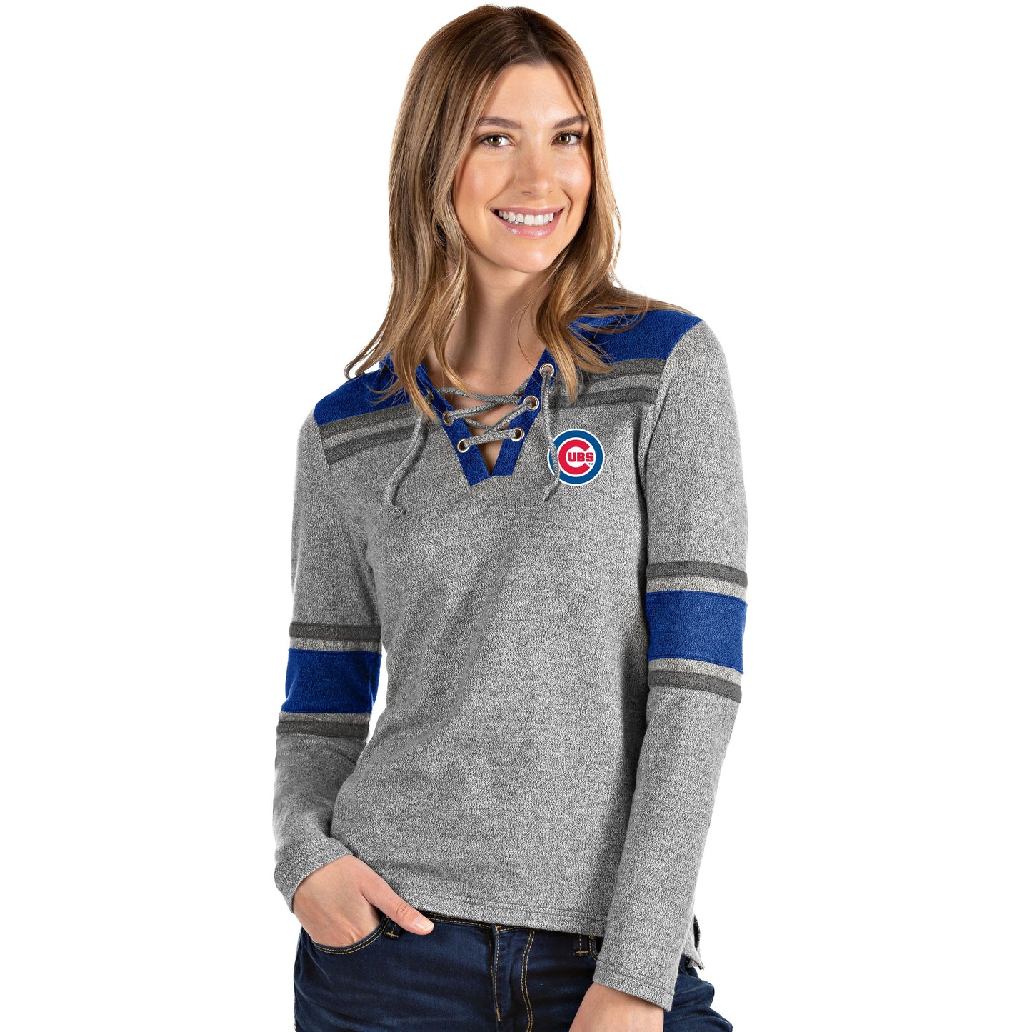 Women's Antigua Chicago Cubs Wrestle Pullover With Hood