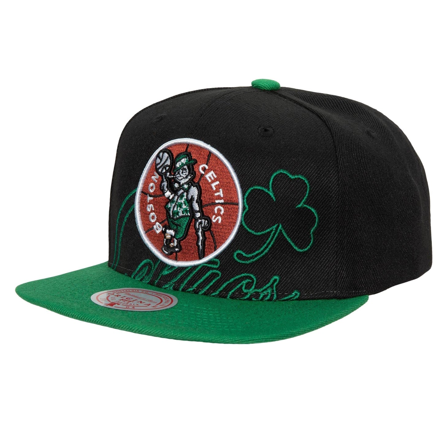 Men's Boston Celtics Mitchell & Ness 2 Tone Black and Green Low Big Face Hardwood Classics Snapback Hat