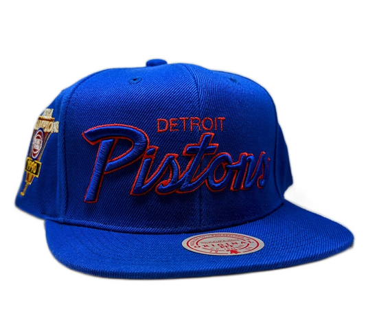 Men's Detroit Pistons Hardwood Classics Mitchell & Ness Script Champ Year Trophy Royal Snapback Hat