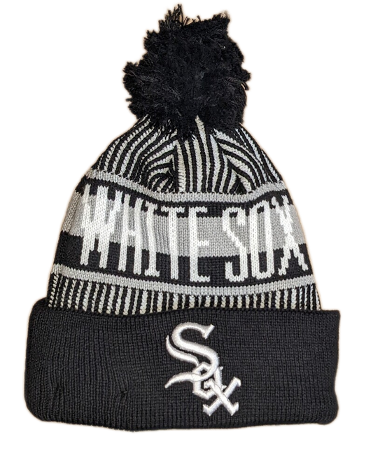 Youth Chicago White Sox New Era Junior Knitstripe Black Cuffed Pom Knit Hat