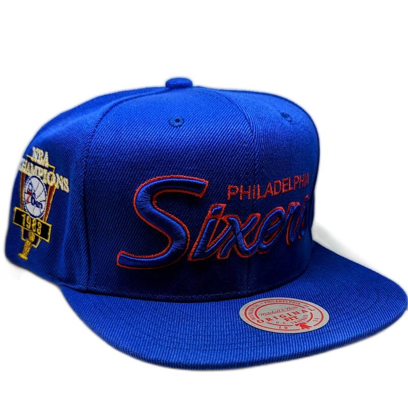 Men's Philadelphia 76ers Mitchell & Ness Royal Script Hardwood Classics Champ Year Trophy Snapback Hat
