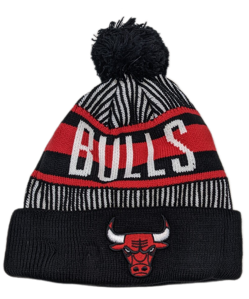 Men's Chicago Bulls NBA New Era Black Knitstripe Cuffed Pom Knit Hat