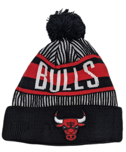 Youth Chicago Bulls NBA New Era Black Junior Knitstripe Cuffed Pom Knit Hat