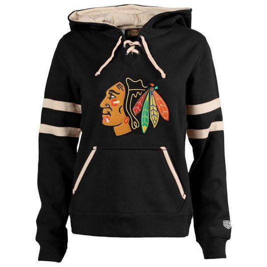 Old Time Hockey Chicago Blackhawks Women's Black Grant Lace-Up Slim Fit Hoodie - Pro Jersey Sports - 1