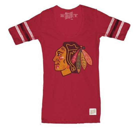 Women's Chicago Blackhawks Red Mid Sleeve with Stripes Tee