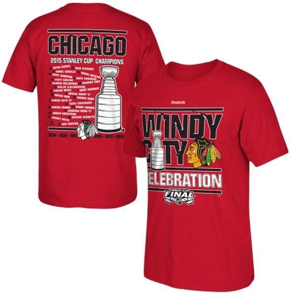 Men's Chicago Blackhawks Reebok Red 2015 Stanley Cup Champions Celebration Roster T-Shirt - Pro Jersey Sports