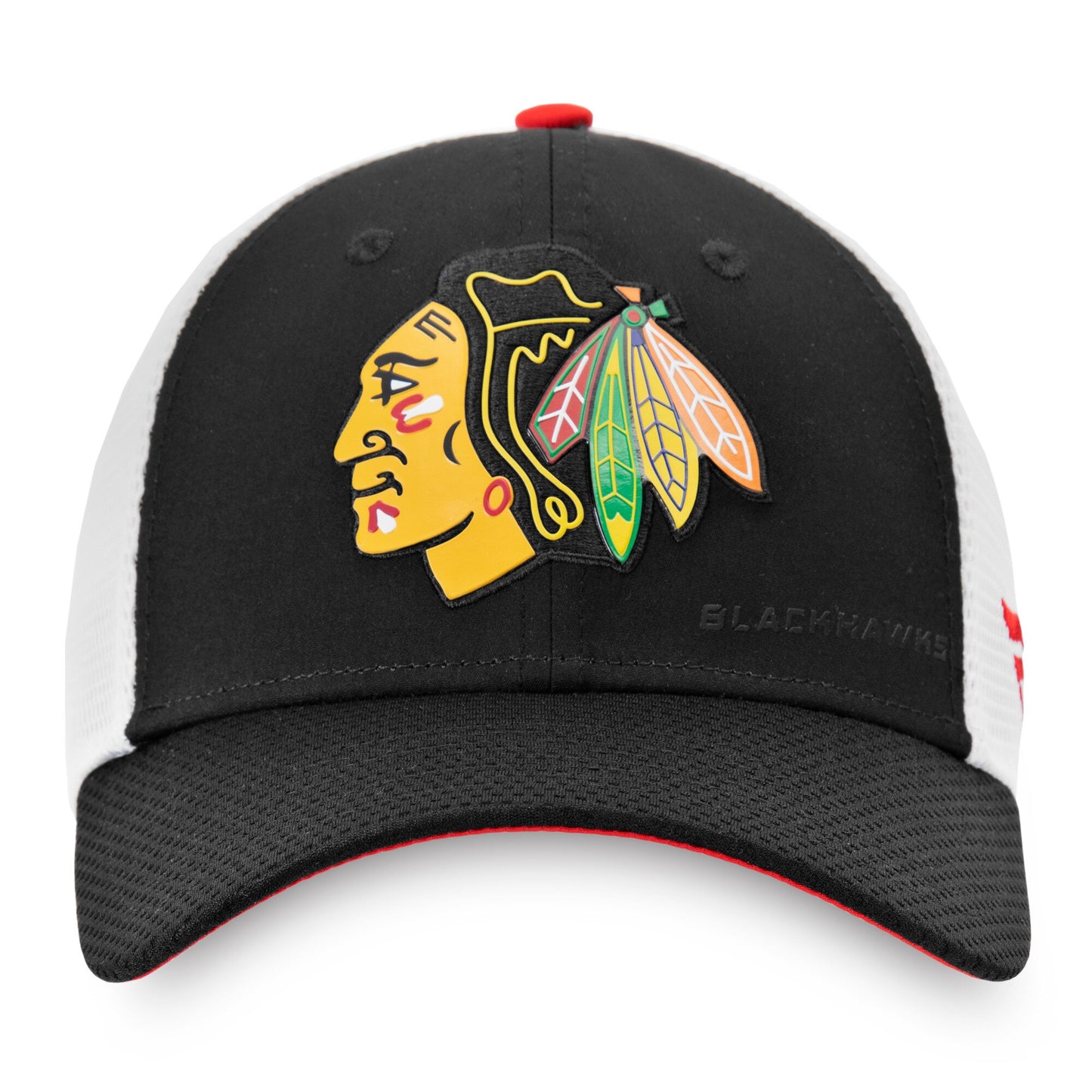 Men's Chicago Blackhawks Fanatics Branded Black/White Authentic Pro Rinkside Adjustable Trucker Snapback Hat
