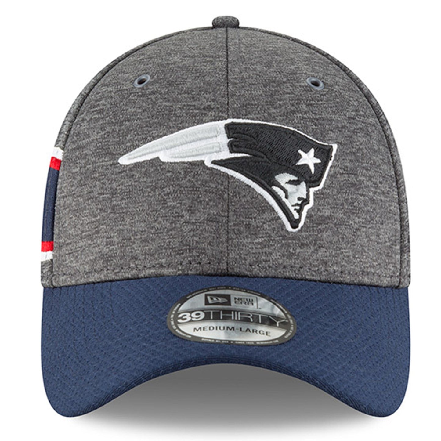 Men's New England Patriots New Era Heather Gray/Navy 2018 NFL Sideline Home Graphite 39THIRTY Flex Hat