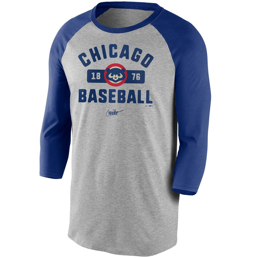 Men's Chicago Cubs Nike Gray/Royal Cooperstown Collection Vintage Tri-Blend 3/4-Sleeve Raglan T-Shirt