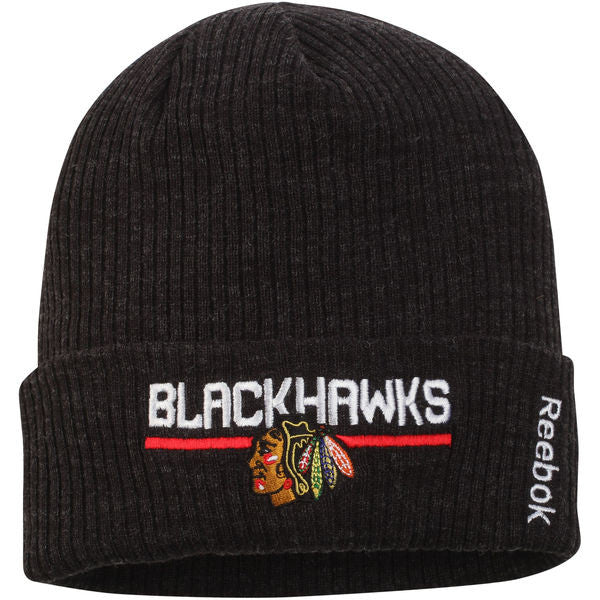 Men's Chicago Blackhawks Reebok Black Center Ice Locker Room Cuffed Knit Hat - Pro Jersey Sports - 1