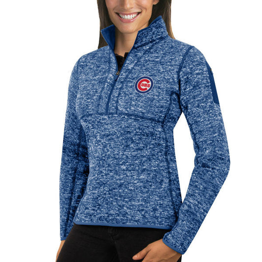 Women's Chicago Cubs Antigua Heathered Royal Fortune Half-Zip Pullover Sweater - Pro Jersey Sports