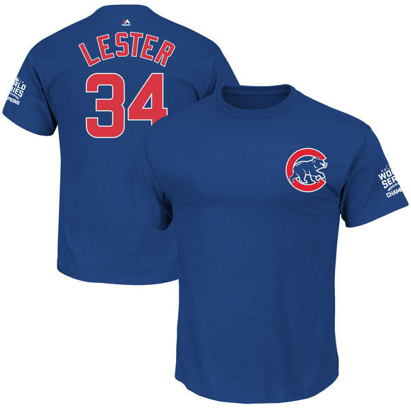 Men's Chicago John Lester Russell Majestic Royal 2016 World Series Champions Name & Number T-Shirt