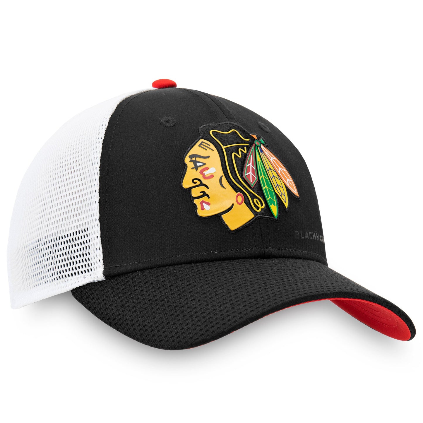 Men's Chicago Blackhawks Fanatics Branded Black/White Authentic Pro Rinkside Adjustable Trucker Snapback Hat