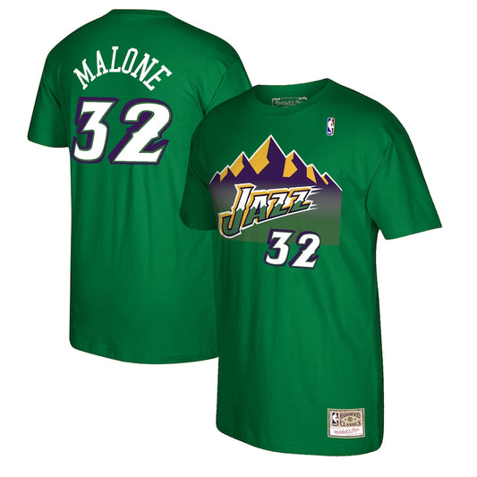 Men's Utah Jazz Karl Malone Mitchell & Ness Green Reload Name & Number T-Shirt