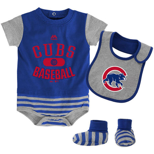 Chicago Cubs Majestic Newborn & Infant Baseball Property Bodysuit, Bootie & Bib Set - Royal/Gray - Pro Jersey Sports