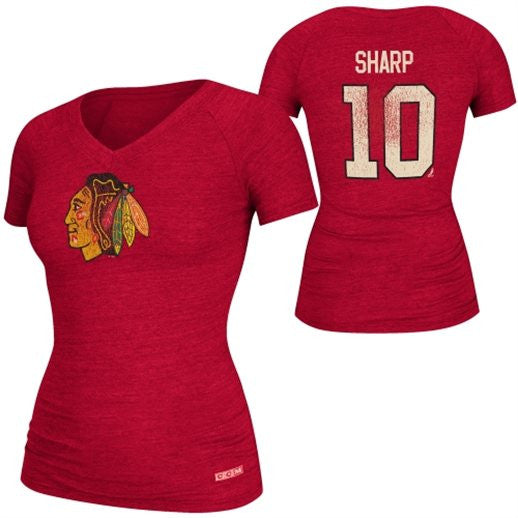CCM Patrick Sharp Chicago Blackhawks Ladies Name & Number V-Neck T-Shirt - Red - Pro Jersey Sports - 1