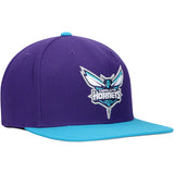 Mens NBA Charlotte Hornets 2 Tone Purple and Teal Mitchell And Ness Basic Core Snapback Hat - Pro Jersey Sports