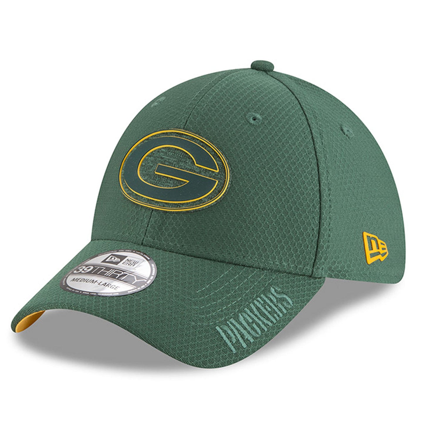 Mens New Era Green Bay Packers Green 2018 NFL Training Camp Primary 39THIRTY Flex Hat