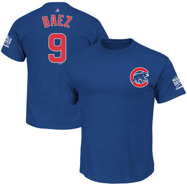 Mens Chicago Cubs Javier Baez Majestic Royal 2016 World Series Champions Name & Number T-Shirt