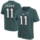 Youth Philadelphia Eagles A.J. Brown Nike Midnight Green Super Bowl LVII Name & Number T-Shirt - Pro Jersey Sports