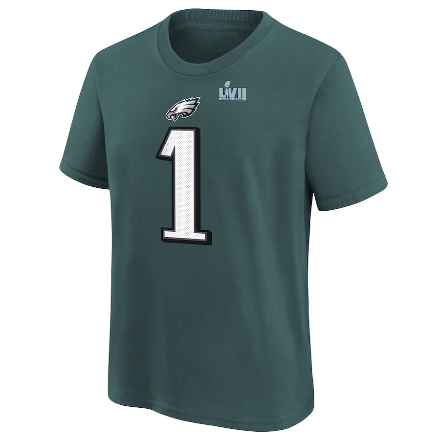 Youth Philadelphia Eagles Jalen Hurts Nike Midnight Green Super Bowl LVII Name & Number T-Shirt - Pro Jersey Sports