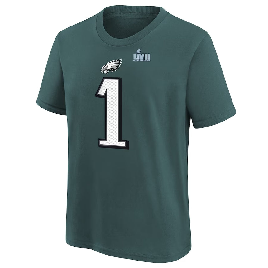 Youth Philadelphia Eagles Jalen Hurts Nike Midnight Green Super Bowl LVII Name & Number T-Shirt - Pro Jersey Sports